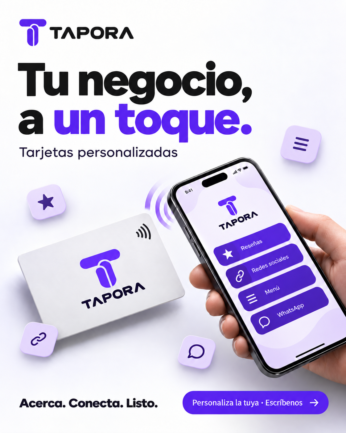 Ejemplo de una tarjeta TAPORA junto a un teléfono mostrando botones de reseñas, redes sociales, menú y WhatsApp